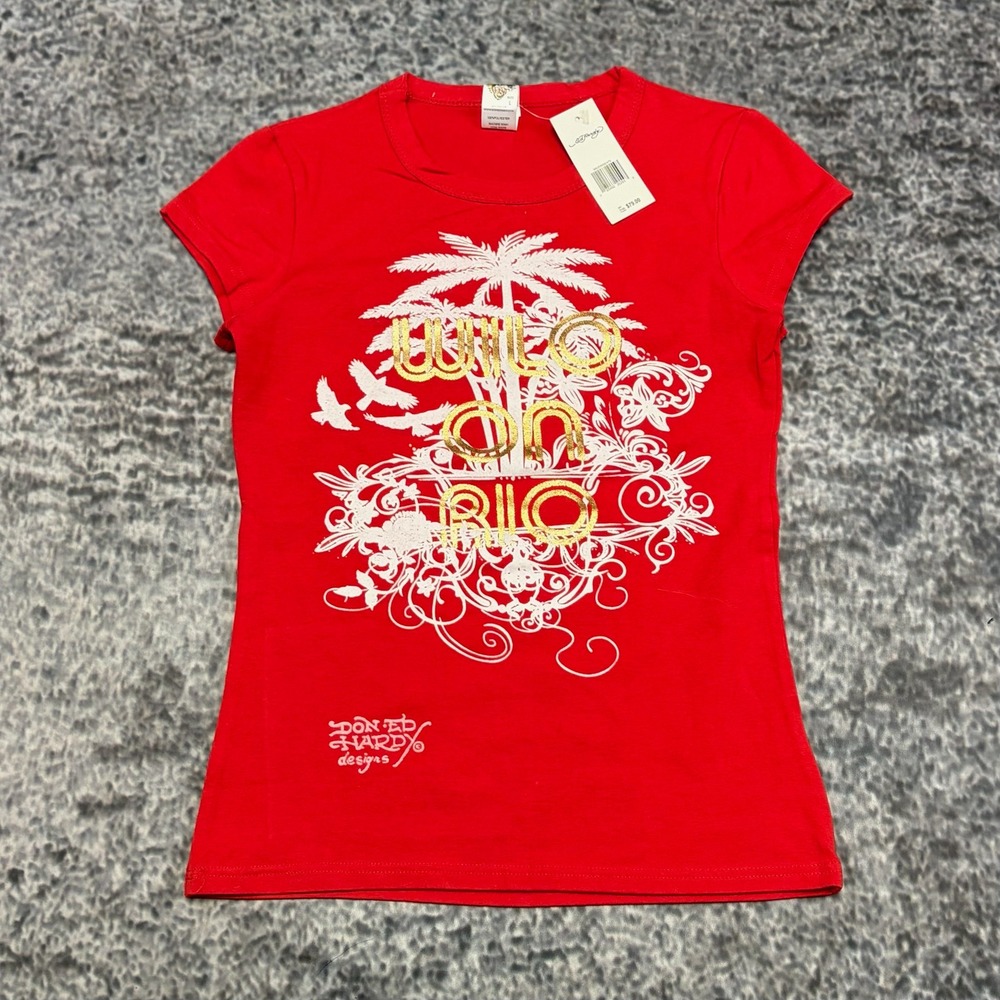 NWT Ed Hardy Short Sleeve Top Size Large Red Brazil Grunge Alt Vintage Y2K
